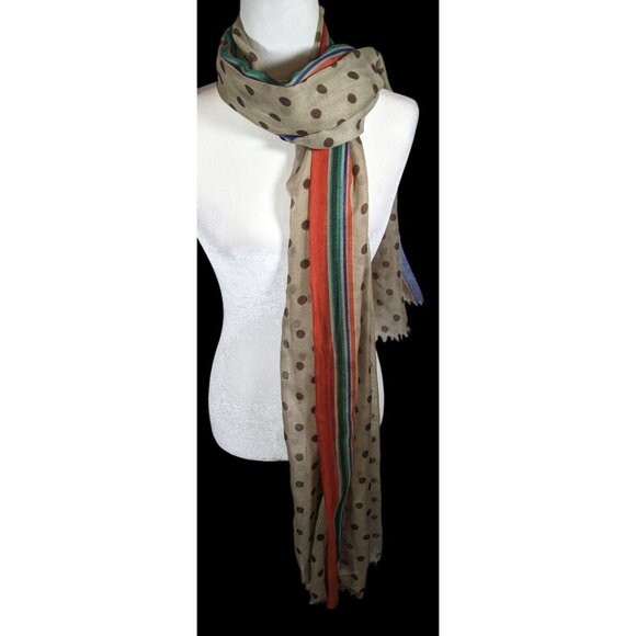 Vintage 70s Taupe Scarf With Brown Polka Dots And Rainbow Stripes - Picture 2 of 8